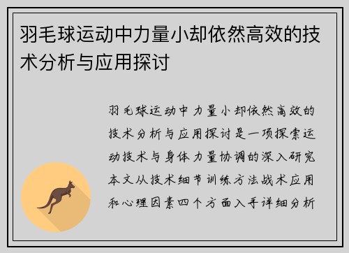 羽毛球运动中力量小却依然高效的技术分析与应用探讨