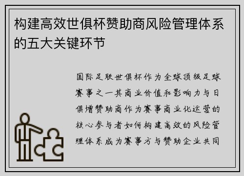 构建高效世俱杯赞助商风险管理体系的五大关键环节