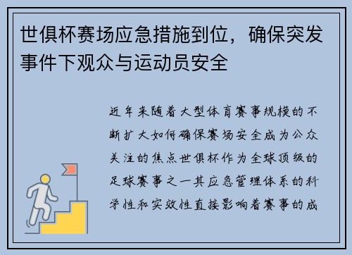 世俱杯赛场应急措施到位，确保突发事件下观众与运动员安全